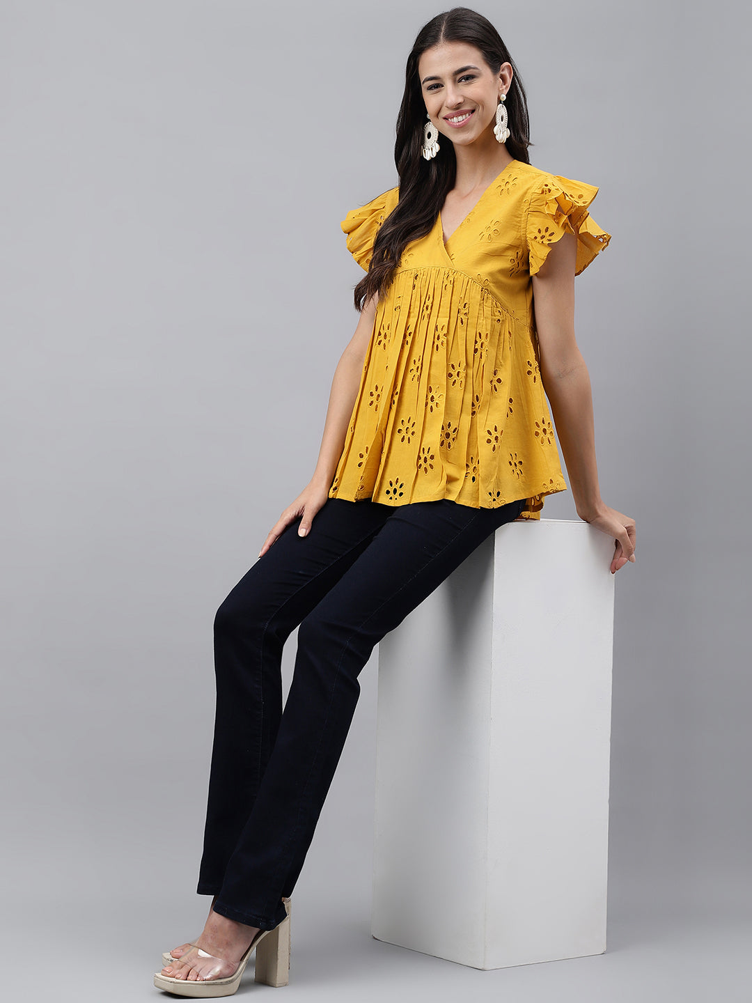 Janasya Women's Mustard Cotton Schiffli Casual Gathered Top