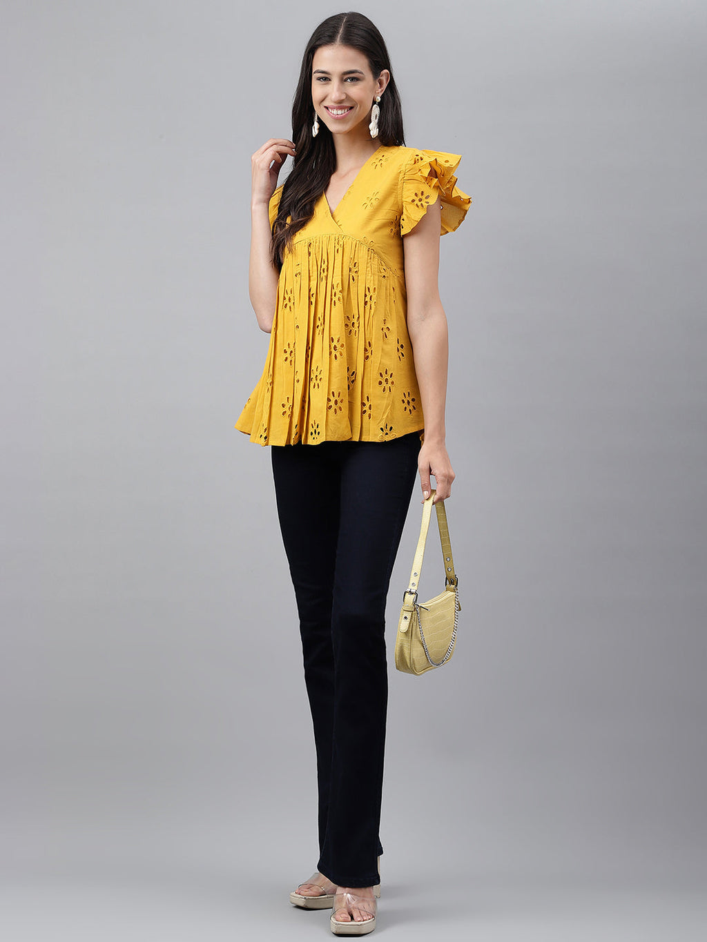 Janasya Women's Mustard Cotton Schiffli Casual Gathered Top