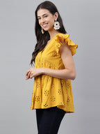 Janasya Women's Mustard Cotton Schiffli Casual Gathered Top