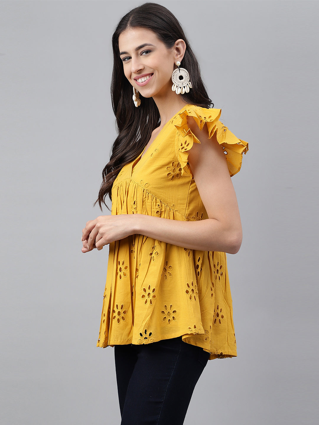 Janasya Women's Mustard Cotton Schiffli Casual Gathered Top