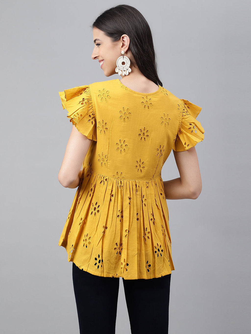 Janasya Women's Mustard Cotton Schiffli Casual Gathered Top