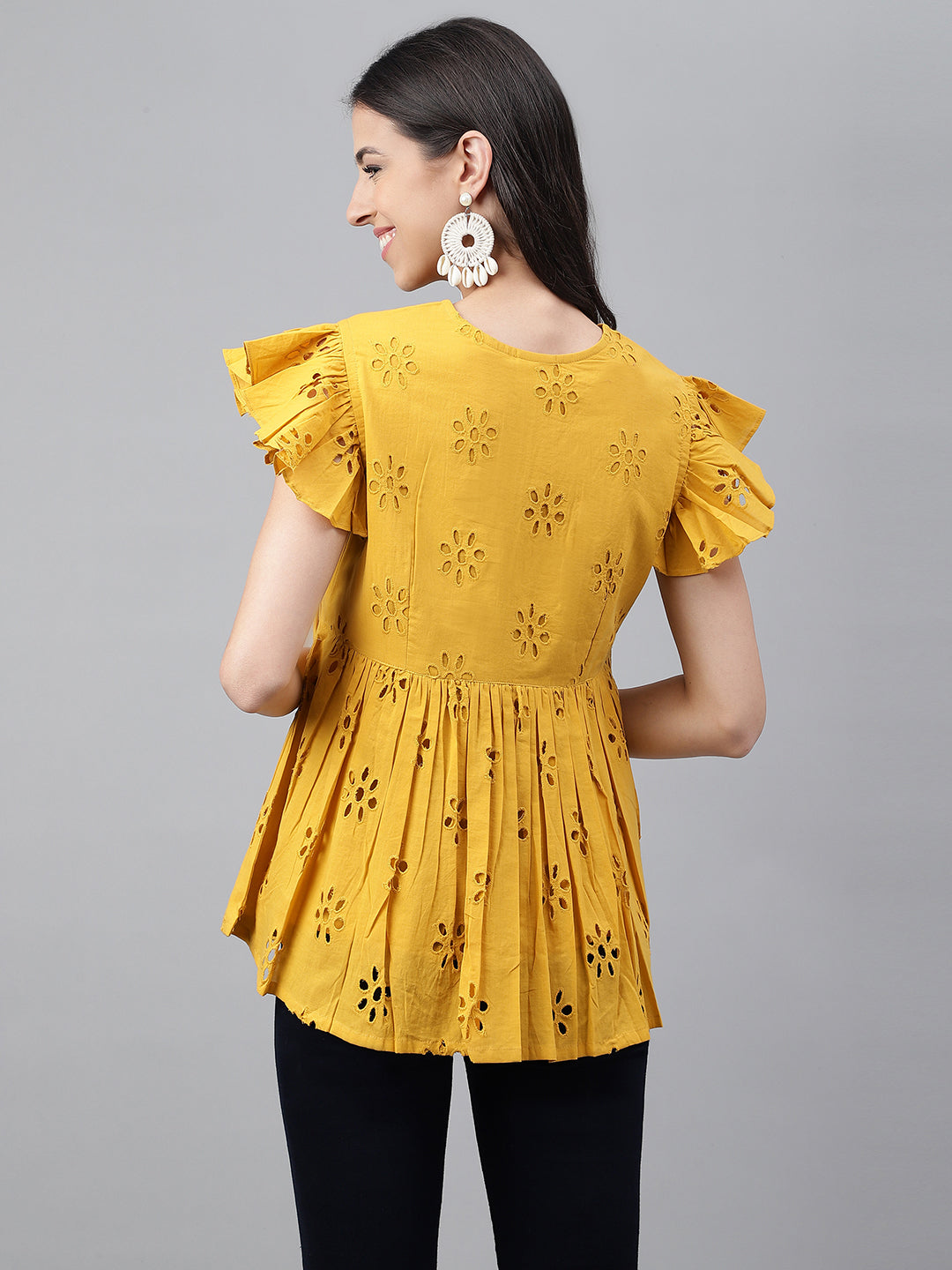 Janasya Women's Mustard Cotton Schiffli Casual Gathered Top