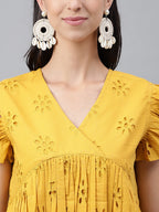 Janasya Women's Mustard Cotton Schiffli Casual Gathered Top