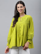 Janasya Women's Lime Green Cotton Schiffli Casual Flared Top