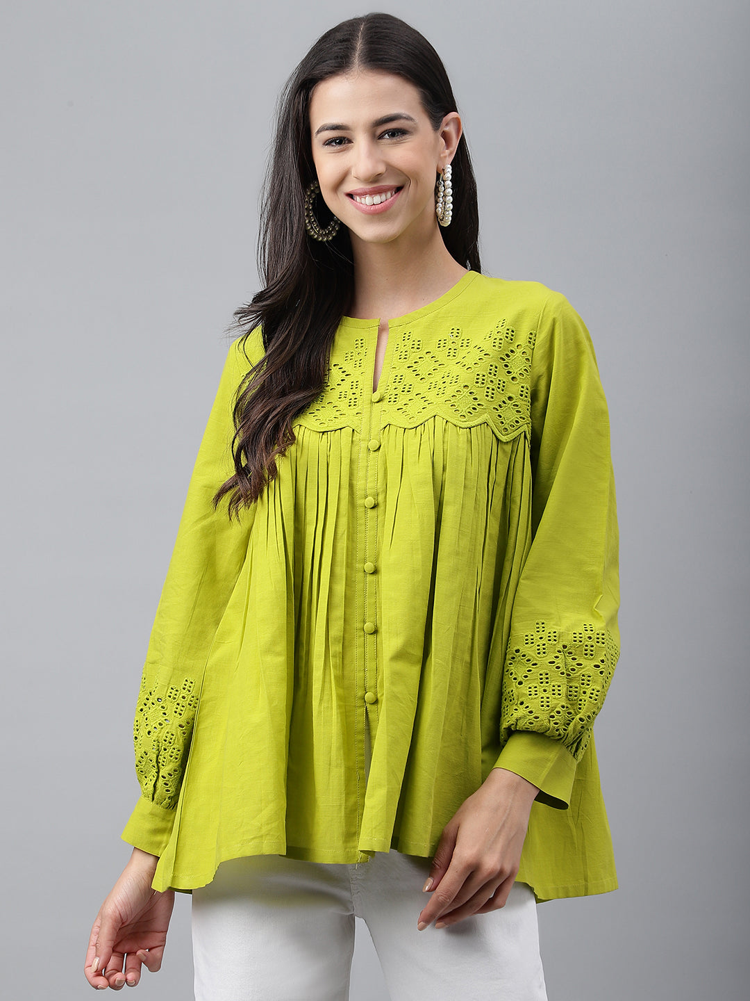 Janasya Women's Lime Green Cotton Schiffli Casual Flared Top