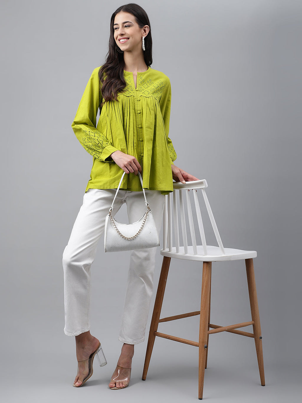 Janasya Women's Lime Green Cotton Schiffli Casual Flared Top