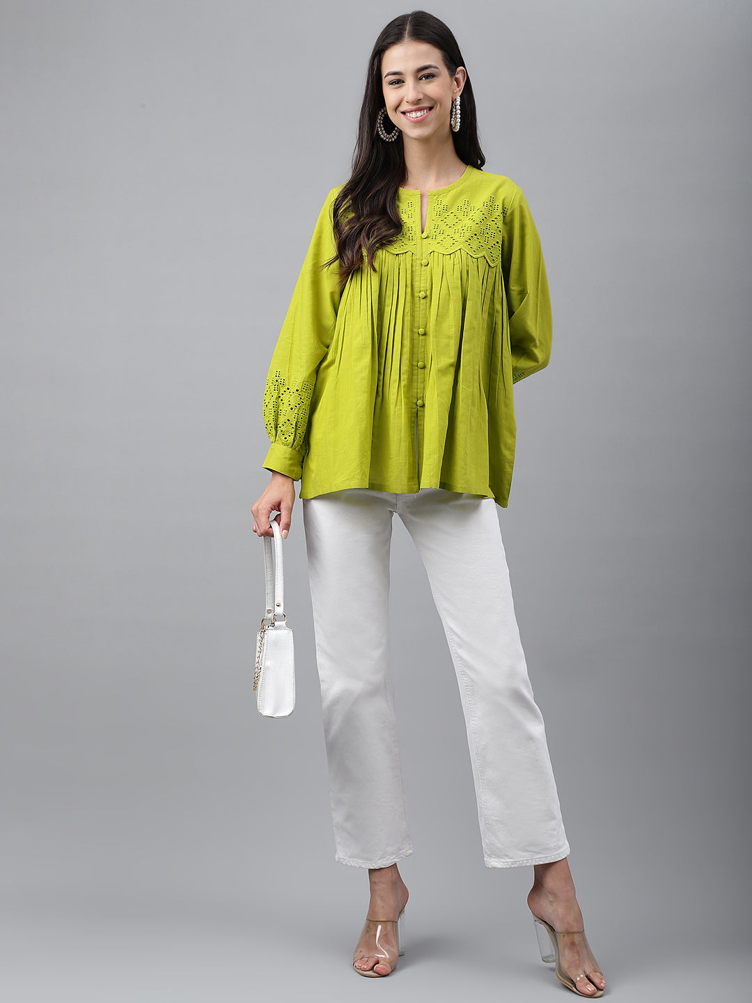 Janasya Women's Lime Green Cotton Schiffli Casual Flared Top