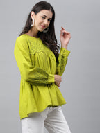 Janasya Women's Lime Green Cotton Schiffli Casual Flared Top