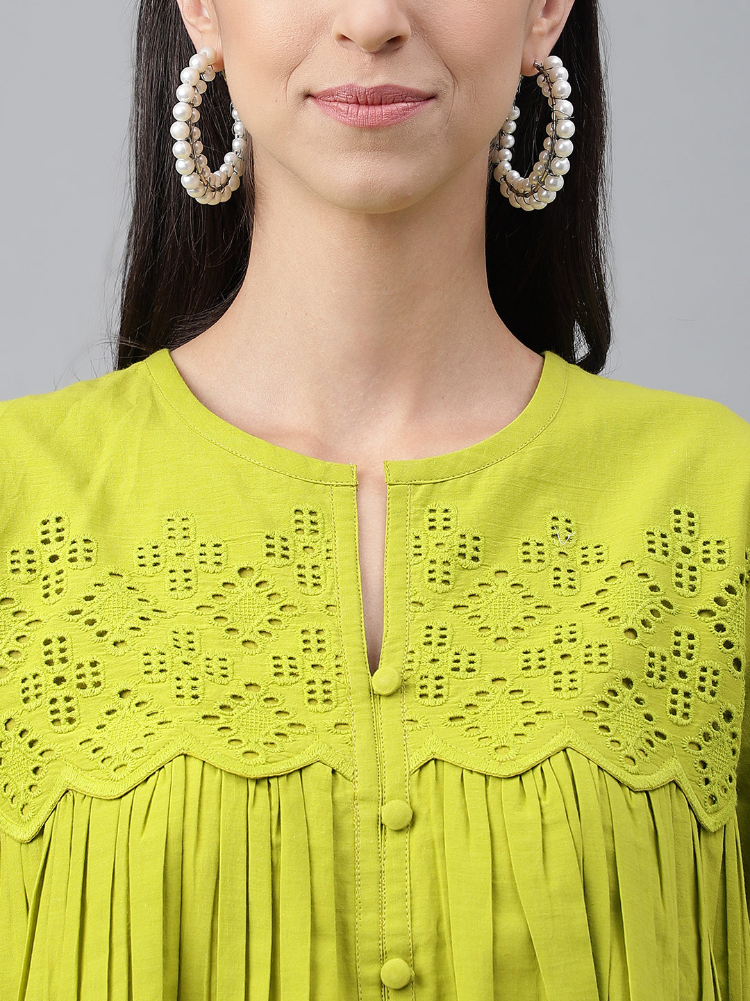 Janasya Women's Lime Green Cotton Schiffli Casual Flared Top