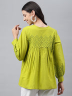 Janasya Women's Lime Green Cotton Schiffli Casual Flared Top