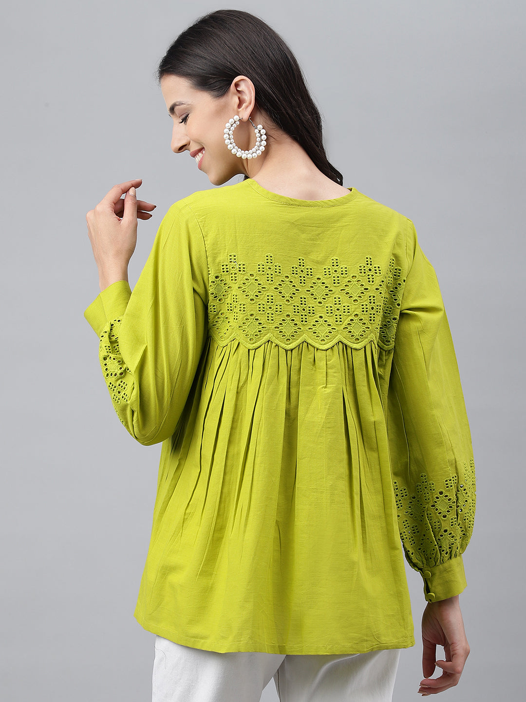 Janasya Women's Lime Green Cotton Schiffli Casual Flared Top