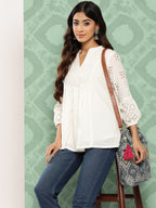 Janasya Women's White Cotton Schiffli Casual A-Line Top