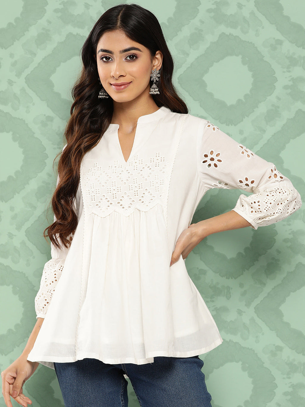 Janasya Women's White Cotton Schiffli Casual A-Line Top