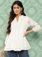 Janasya Women's White Cotton Schiffli Casual A-Line Top