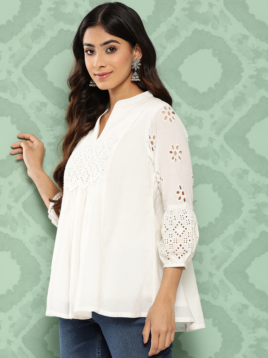 Janasya Women's White Cotton Schiffli Casual A-Line Top