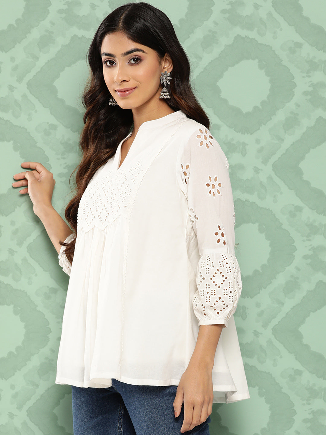 Janasya Women's White Cotton Schiffli Casual A-Line Top