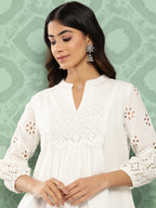 Janasya Women's White Cotton Schiffli Casual A-Line Top