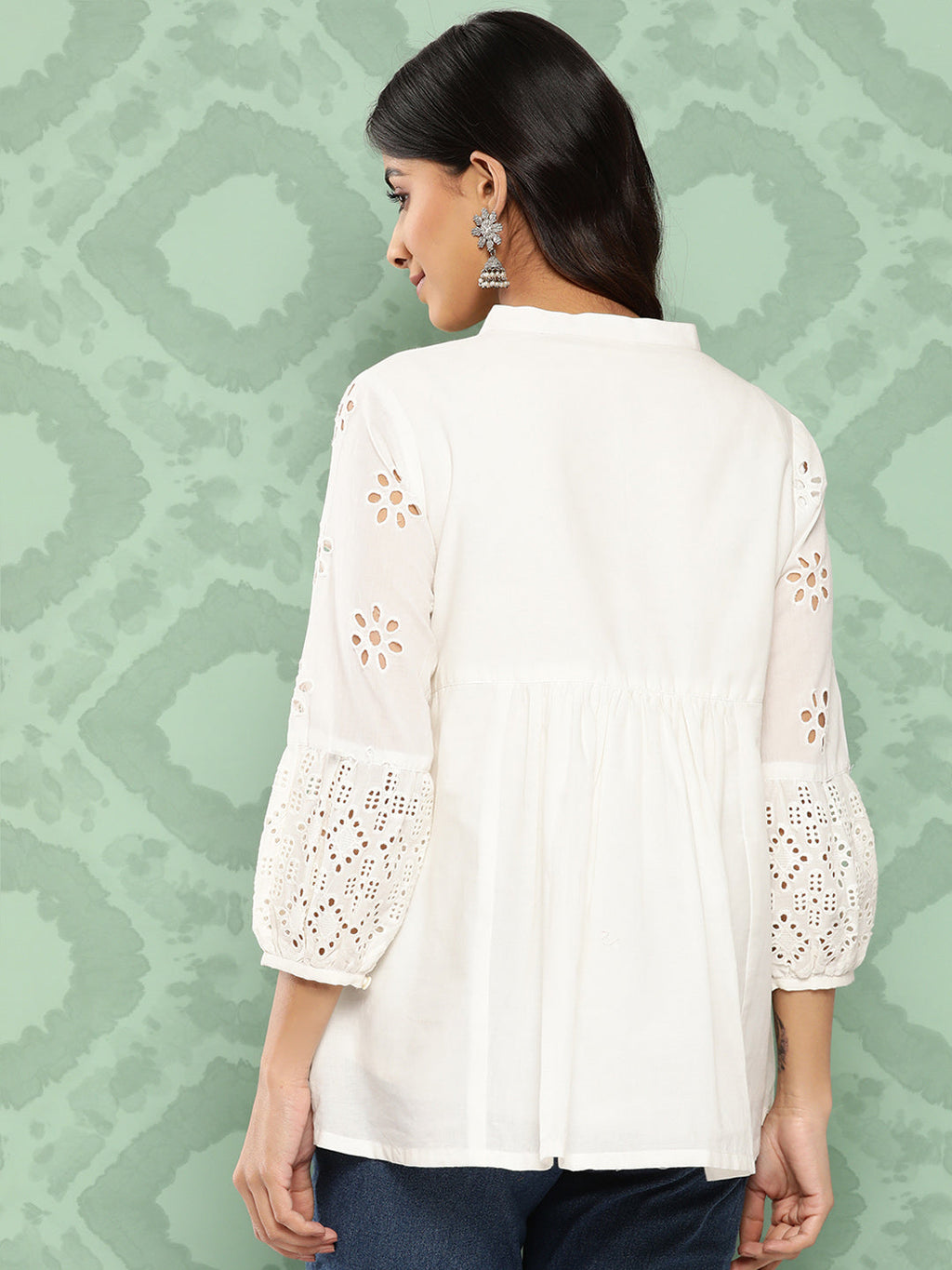 Janasya Women's White Cotton Schiffli Casual A-Line Top