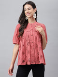 Janasya Women's Pink Cotton Schiffli Casual Gathered Top