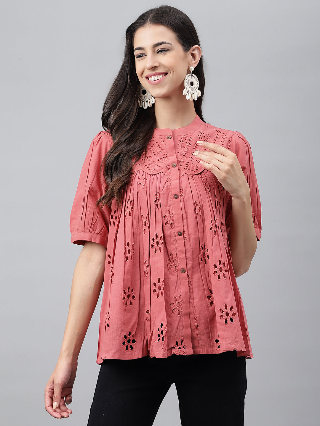 Janasya Women's Pink Cotton Schiffli Casual Gathered Top