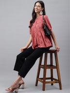 Janasya Women's Pink Cotton Schiffli Casual Gathered Top