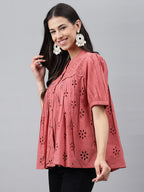 Janasya Women's Pink Cotton Schiffli Casual Gathered Top