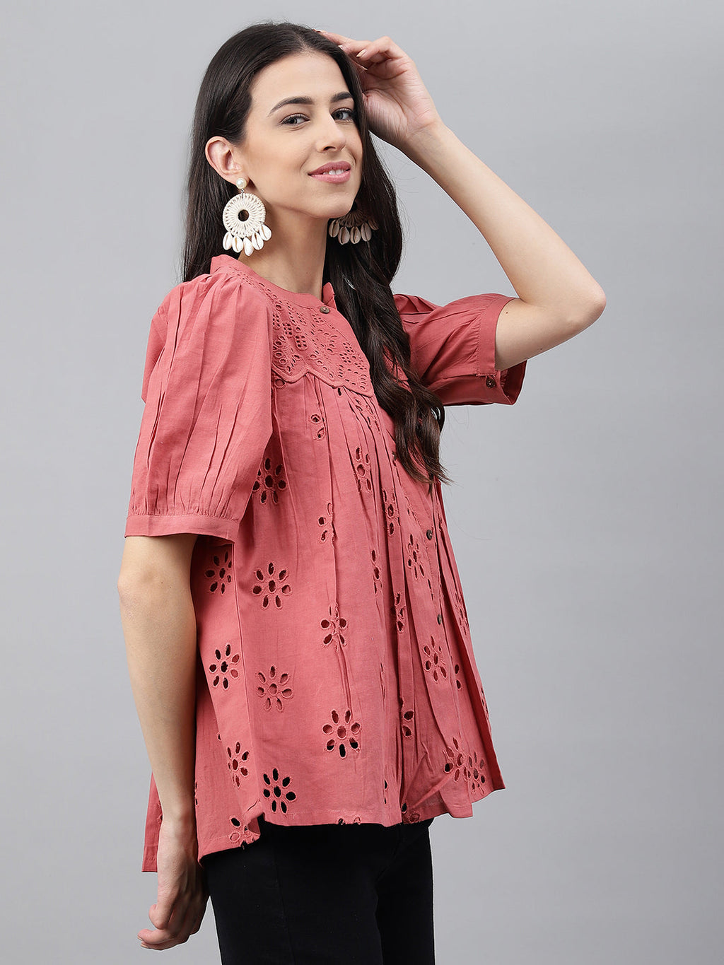 Janasya Women's Pink Cotton Schiffli Casual Gathered Top