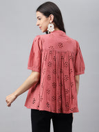 Janasya Women's Pink Cotton Schiffli Casual Gathered Top