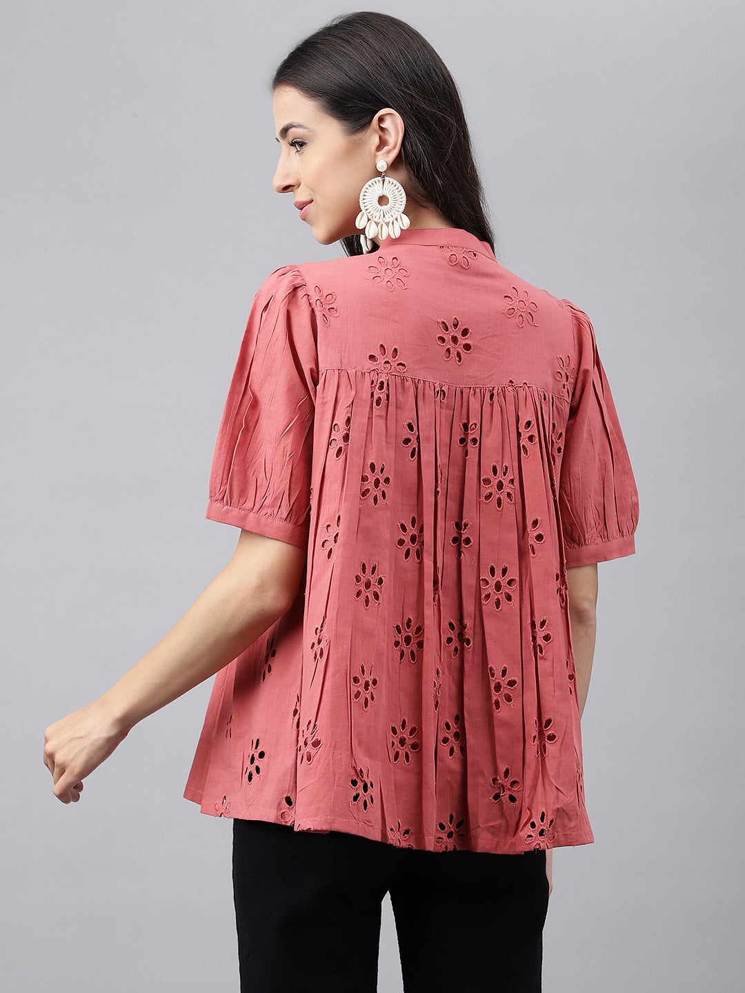 Janasya Women's Pink Cotton Schiffli Casual Gathered Top