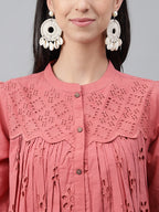 Janasya Women's Pink Cotton Schiffli Casual Gathered Top
