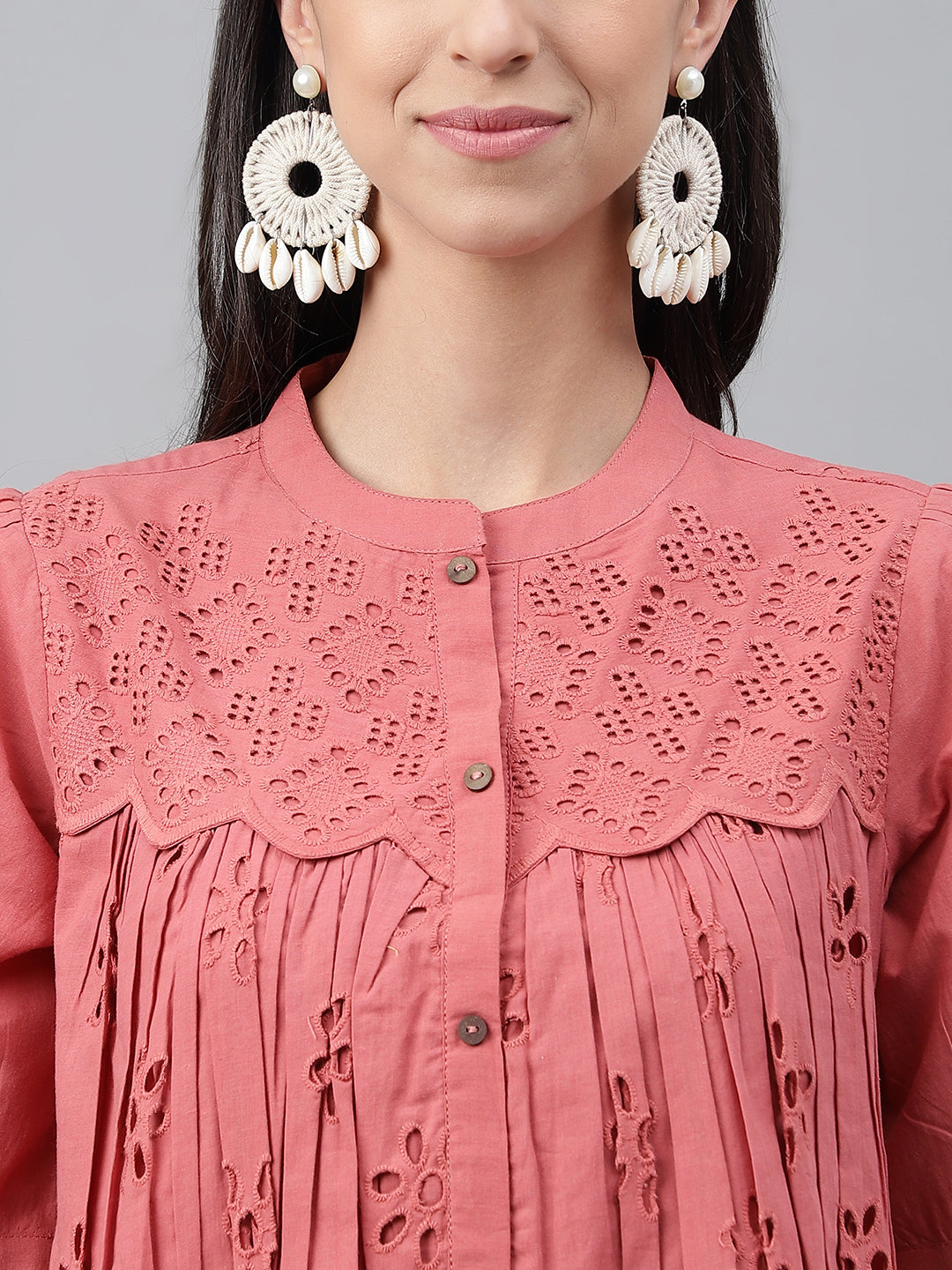Janasya Women's Pink Cotton Schiffli Casual Gathered Top