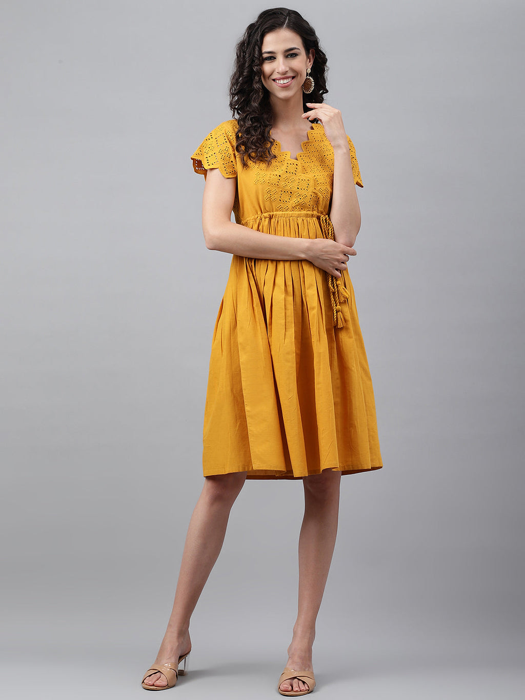 Janasya Women's Yellow Cotton Schiffli Flared Casual Dress - Distacart