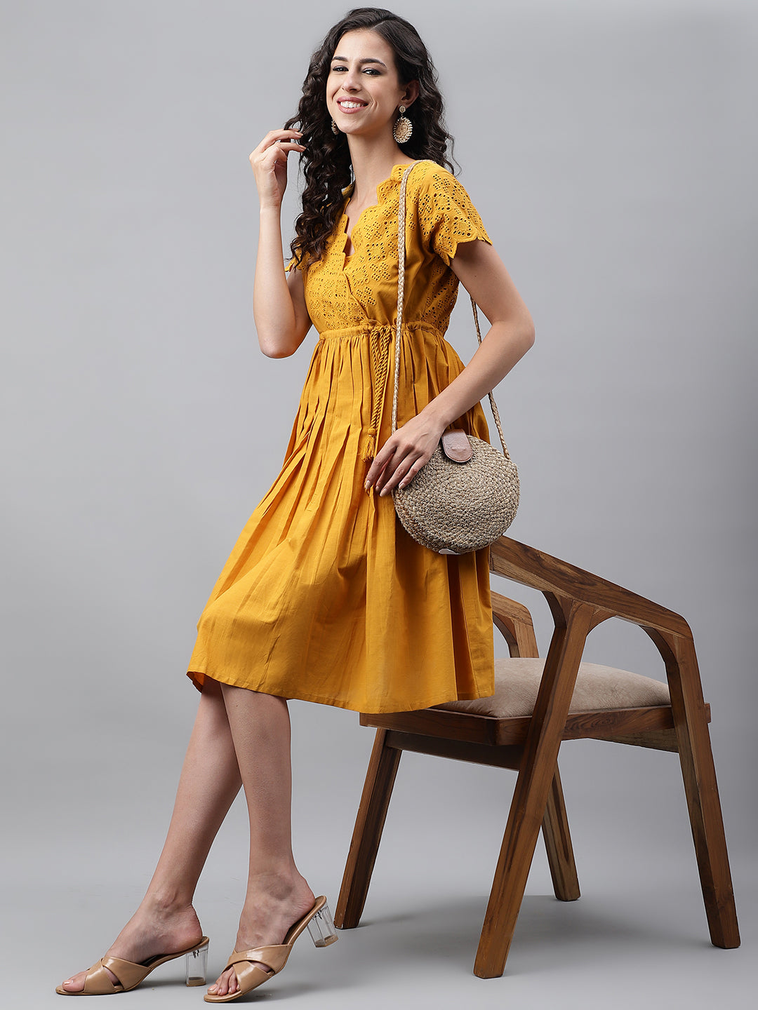 Janasya Women's Yellow Cotton Schiffli Flared Casual Dress - Distacart