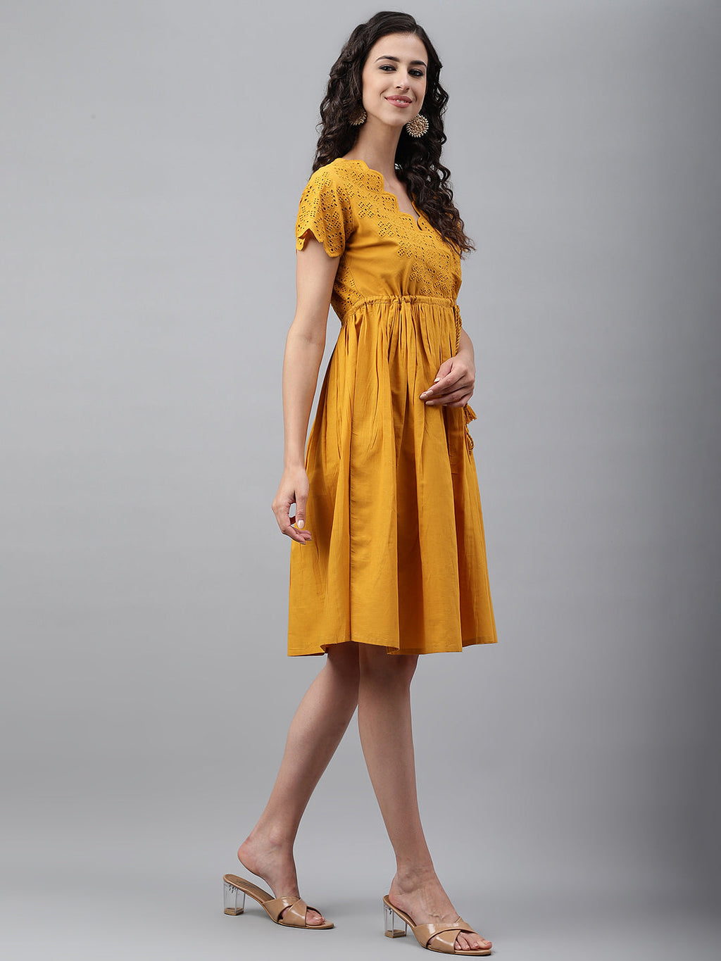 Janasya Women's Yellow Cotton Schiffli Flared Casual Dress - Distacart