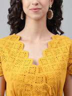 Janasya Women's Yellow Cotton Schiffli Flared Casual Dress - Distacart
