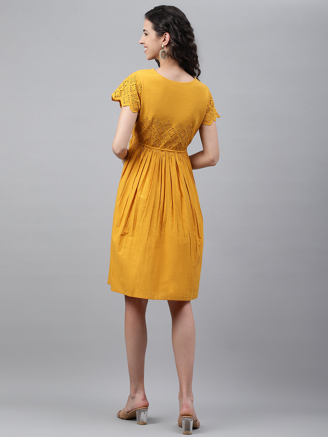Janasya Women's Yellow Cotton Schiffli Flared Casual Dress - Distacart