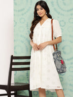 Janasya Women's White Cotton Schiffli Empire Casual Dress - Distacart