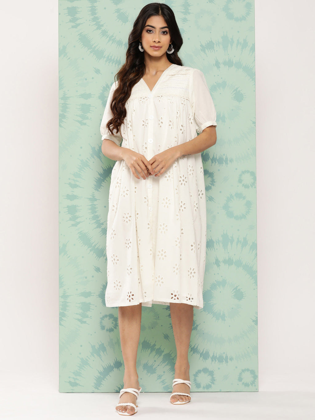 Janasya Women's White Cotton Schiffli Empire Casual Dress - Distacart
