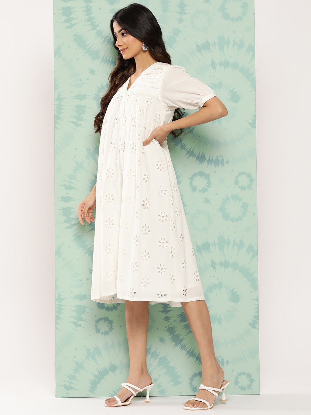 Janasya Women's White Cotton Schiffli Empire Casual Dress - Distacart