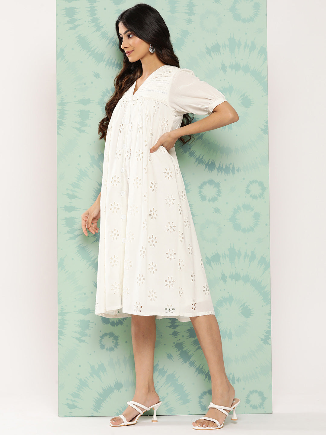 Janasya Women's White Cotton Schiffli Empire Casual Dress - Distacart