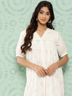 Janasya Women's White Cotton Schiffli Empire Casual Dress - Distacart