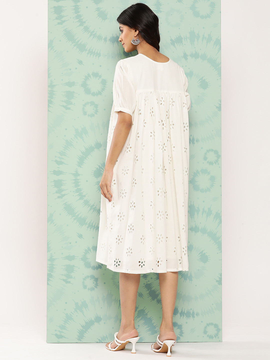 Janasya Women's White Cotton Schiffli Empire Casual Dress - Distacart