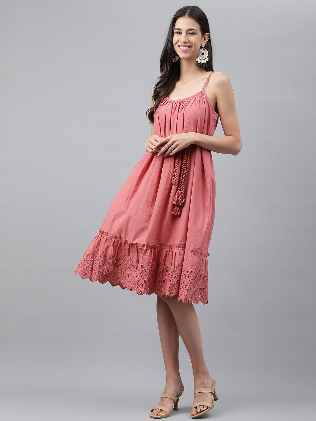 Janasya Women's Pink Cotton Schiffli Flared Western Dress - Distacart