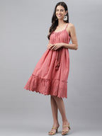Janasya Women's Pink Cotton Schiffli Flared Western Dress - Distacart