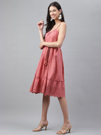 Janasya Women's Pink Cotton Schiffli Flared Western Dress - Distacart