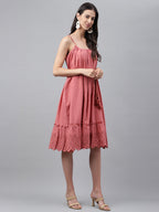 Janasya Women's Pink Cotton Schiffli Flared Western Dress - Distacart
