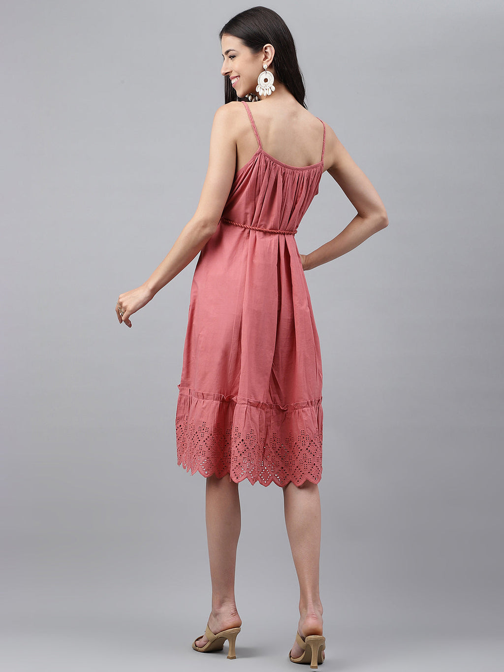 Janasya Women's Pink Cotton Schiffli Flared Western Dress - Distacart