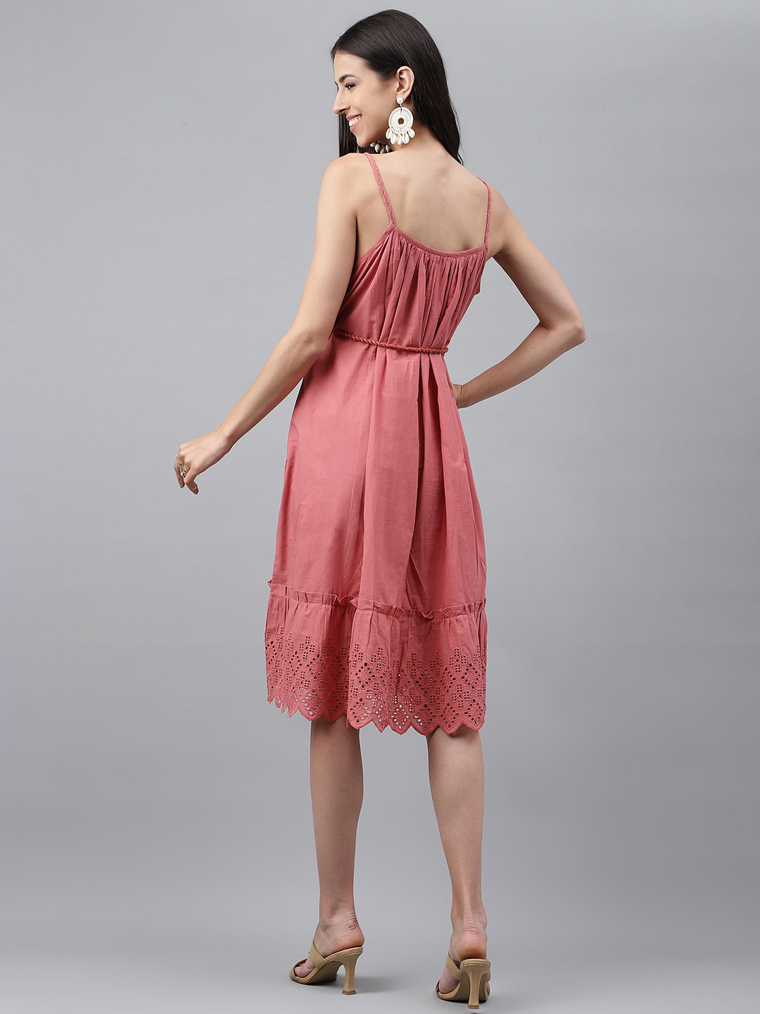 Janasya Women's Pink Cotton Schiffli Flared Western Dress - Distacart
