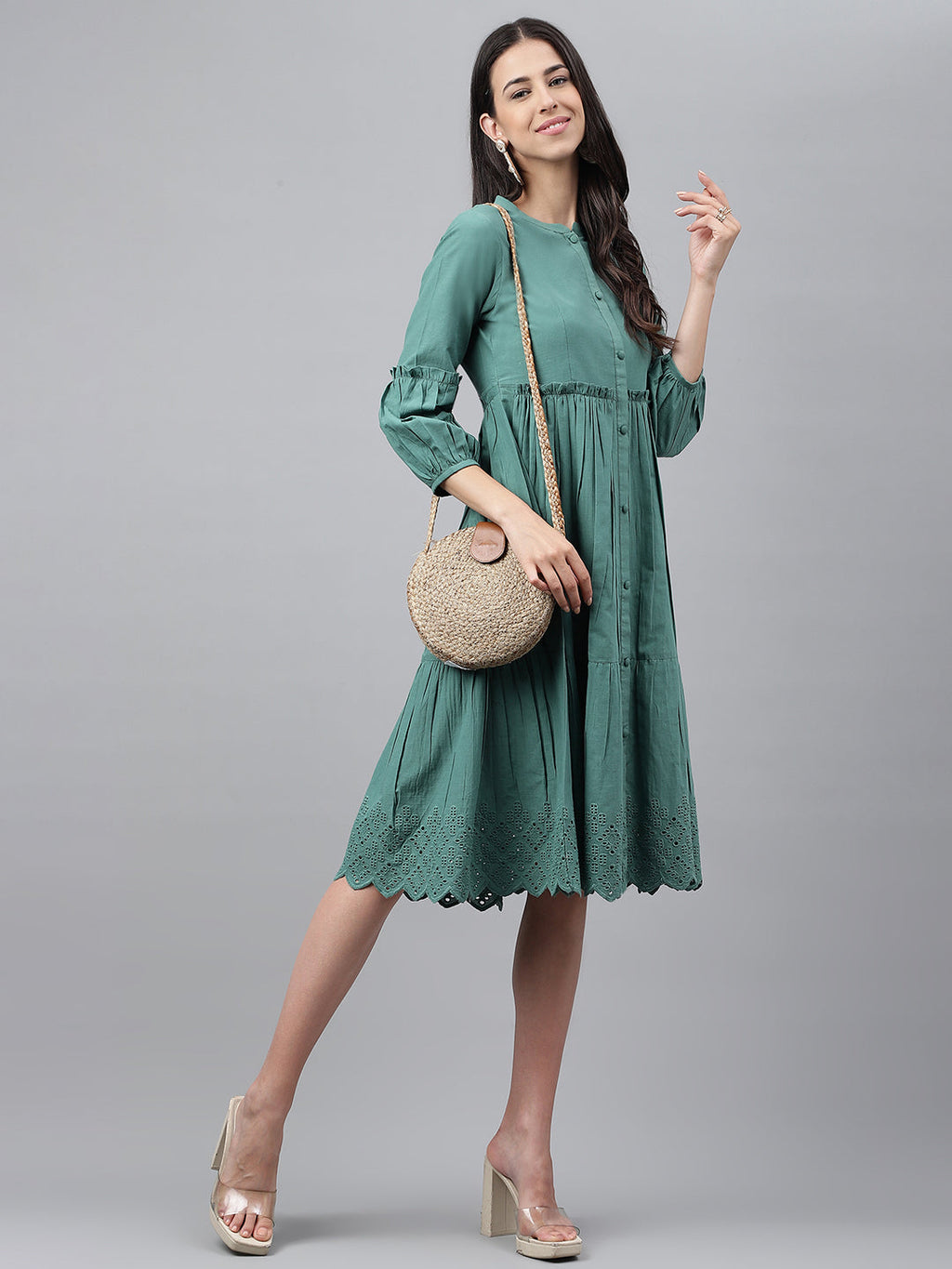 Janasya Women's Green Cotton Schiffli Flared Casual Dress - Distacart