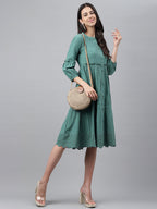 Janasya Women's Green Cotton Schiffli Flared Casual Dress - Distacart